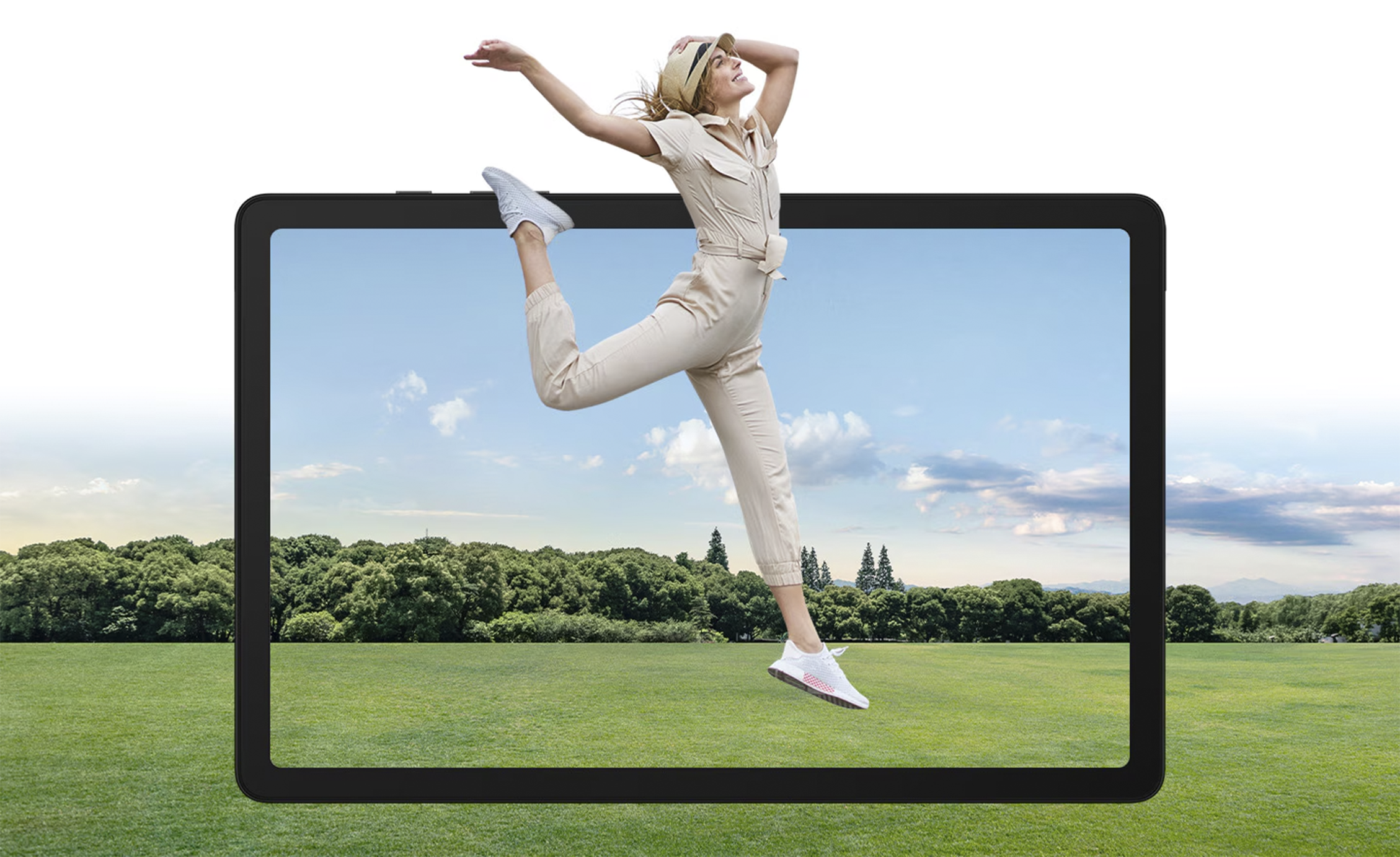 Woman frolicking out of a tablet
